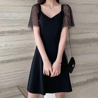 Short-sleeve Embellished Mesh A-line Dress