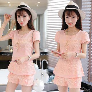 Set: Short-sleeve Lace Linen Top + Shorts