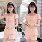 Set: Short-sleeve Lace Linen Top + Shorts