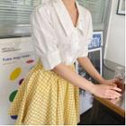 V-neck Short-sleeve Shirt / Plaid A-line Skirt