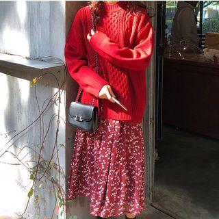 Mock Neck Drawstring Cable Knit Sweater / Bell-sleeve Floral Dress