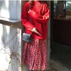Mock Neck Drawstring Cable Knit Sweater / Bell-sleeve Floral Dress