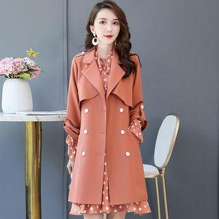 Set: Long-sleeve Dotted Midi Dress + Double-breasted Trench Coat
