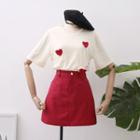 Set: Heart-accent Plain T-shirt + A-line Skirt
