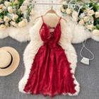 Spaghetti Strap Midi A-line Embroidered Lace Dress