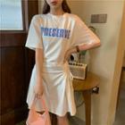 Elbow-sleeve Lettering Print Lace-up A-line Mini T-shirt Dress