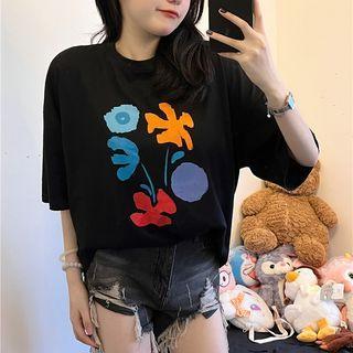 Short Sleeve Print Loose-fit T-shirt Black - One Size