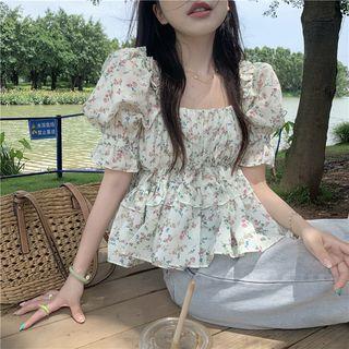 Short-sleeve Floral Flowy Blouse Almond - One Size