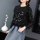 Set: Long-sleeve Feather-accent Sequined Top + Pleated A-line Skirt