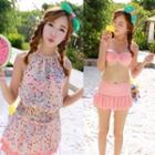 Set: Bikini Top + Pleated Swimskirt + Floral Cover-up