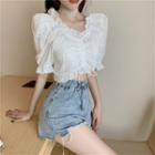 Short-sleeve Eyelet Lace Crop Top White - One Size