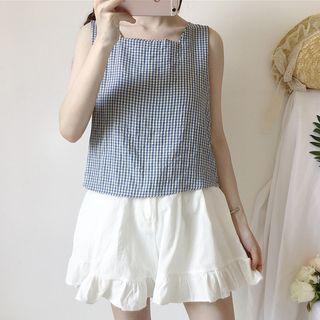 Sleeveless Plaid Tie-back Top / Frill Hem Shorts
