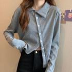 Long-sleeve Collared Front-slit T-shirt