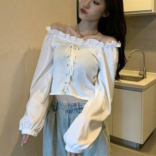 Ruffle Trim Off-shoulder Lace-up Cropped Top