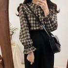 Long-sleeve Plaid Blouse / Midi Fitted Skirt