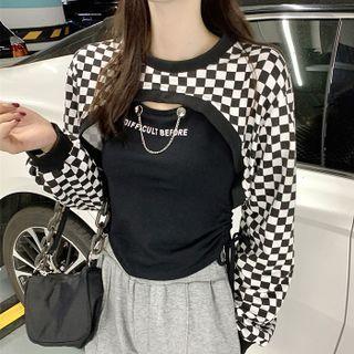 Set: Lettering Drawstring Tank Top + Long-sleeve Checkerboard Shrug