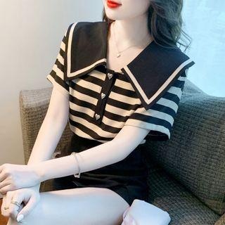 Short-sleeve Sailor Collared Striped Top