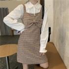 Lace-up Long-sleeve Shirt + Bow-accent Plaid Woolen Pinafore Dress