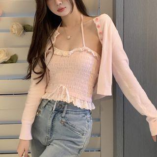 Lace Trim Smocked Halter Crop Camisole / Button-up Crop Cardigan