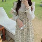 Mock Two-piece Long-sleeve Floral Dress White - One Size