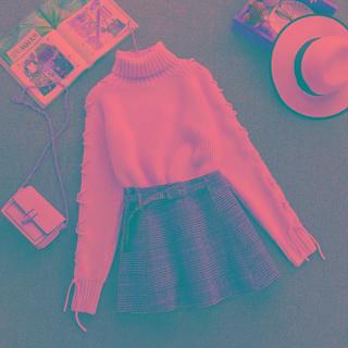 Set: Mock-neck Sweater + Mini Plaid A-line Skirt