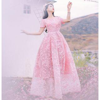Short-sleeve A-line Lace Evening Dress