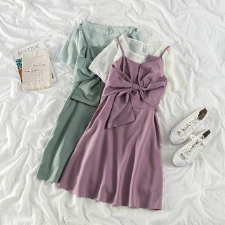 Plain Short-sleeve Top / Bow-accent Sleeveless Dress