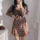 Floral Long-sleeve Tie-waist Mini A-line Dress