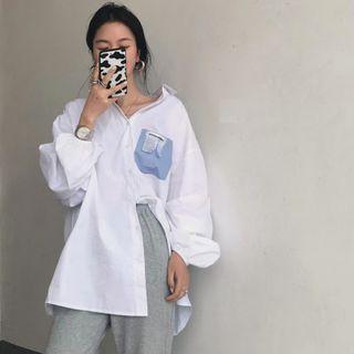 Lantern-sleeve Applique Shirt White - One Size