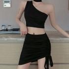 Set: Sleeveless Cropped Top + Mini Skirt Black - One Size