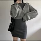 Plain Bodycon Long-sleeve Dress / Cropped Hooded Sweatshirt