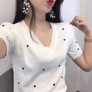 Dot V-neck Short-sleeve Cropped Knit Top