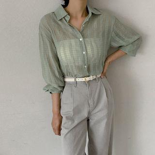 Crinkled Sheer Checked Shirt Light Khaki - One Size