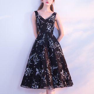 Sleeveless Floral Midi A-line Cocktail Dress