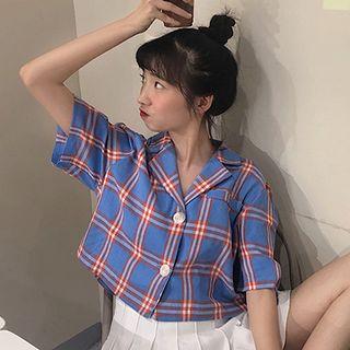 Plaid Short-sleeve Shirt / Plain Mini Pleated Skirt