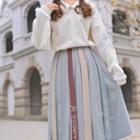 Ruffle Trim Collar Blouse / Button-up Sweater Vest / Color Block Midi A-line Skirt
