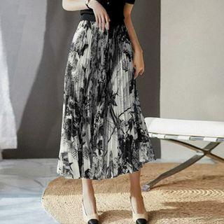 Print High-waist A-line Semi Skirt Black & White - F