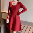 Square Collar Plain Knit A-line Dress