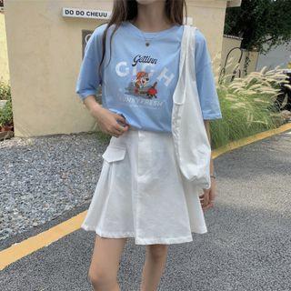 Short-sleeve Printed T-shirt / Plain Cargo Mini Skirt / Tote Bag