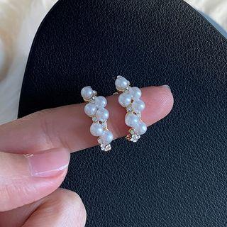 Faux Pearl Hoop Earring 1 Pair - Gold & White - One Size