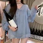 Puff-sleeve Sheer Blouse Blue - One Size