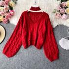 V-neck Cable-knit Sweater With Collar
