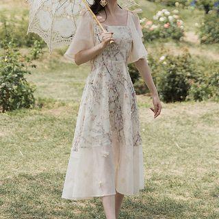 Elbow-sleeve Floral-detail A-line Dress