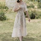 Elbow-sleeve Floral-detail A-line Dress