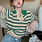 Elbow-sleeve Polo Neck Striped Knit Top Stripe - White & Green - One Size