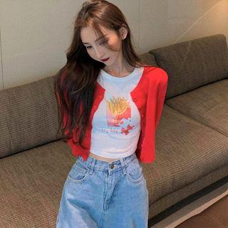 Plain Cardigan / Printed Short-sleeve T-shirt