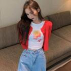 Plain Cardigan / Printed Short-sleeve T-shirt