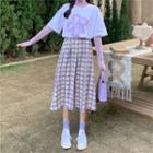 Flower Print Short-sleeve T-shirt / Turtleneck Long-sleeve Mesh Top / Plaid Midi A-line Skirt