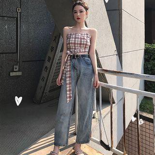 Plaid Tube Top / Denim Shorts