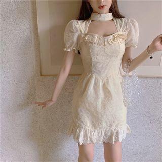 Choker-neck Balloon-sleeve Embroidered Sheath Dress